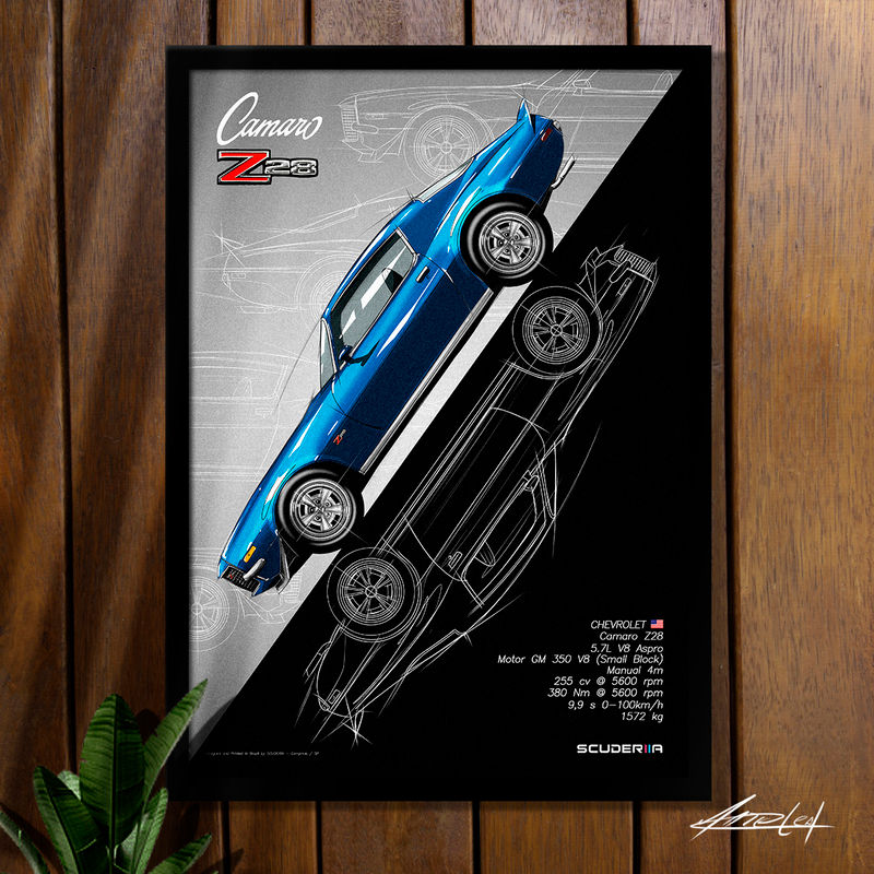 QUADRO DECORATIVO CHEVROLET CAMARO Z28 5.7 V8 - 1970-1973 - GRADIENT STREET POSTER AUTOMOTIVO PRESENTE CRIATIVO NAMORADO  PAI