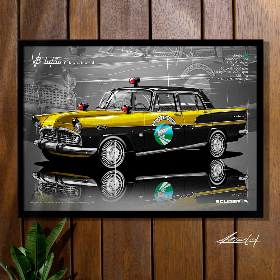 QUADRO DECORATIVO SIMCA CHAMBORD TUFÃO 2.3 V8 VIATURA VIGILANTE RODOVIÁRIO DESENHO ARTE SCUDERIIA PRESENTE MILITAR