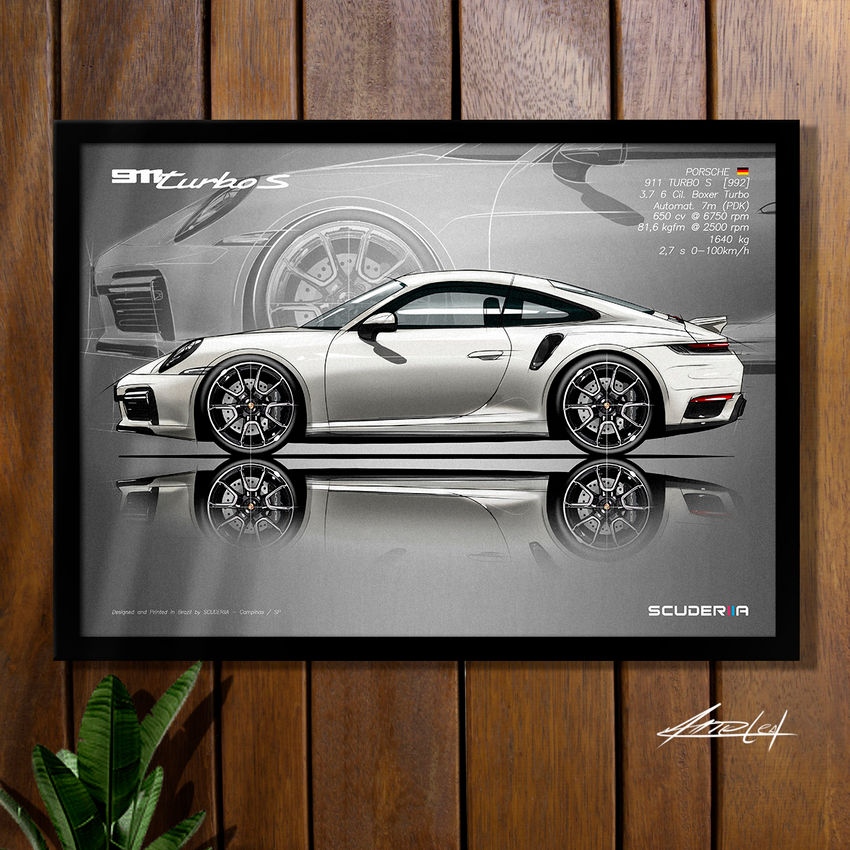 QUADRO DECORATIVO PORSCHE 911 TURBO S 992 3.7 650cv desenho automotivo ilustração scuderiia presente criativo gearhead