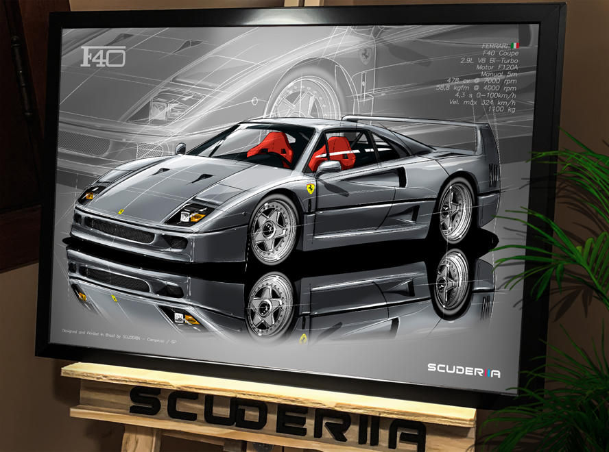 Thumbnail: QUADRO POSTER FERARI F40 2.9L V8 Bi-Turbo Coupe - PERSPECTIVE CARRO SCUDERIIA ESPORTIVO