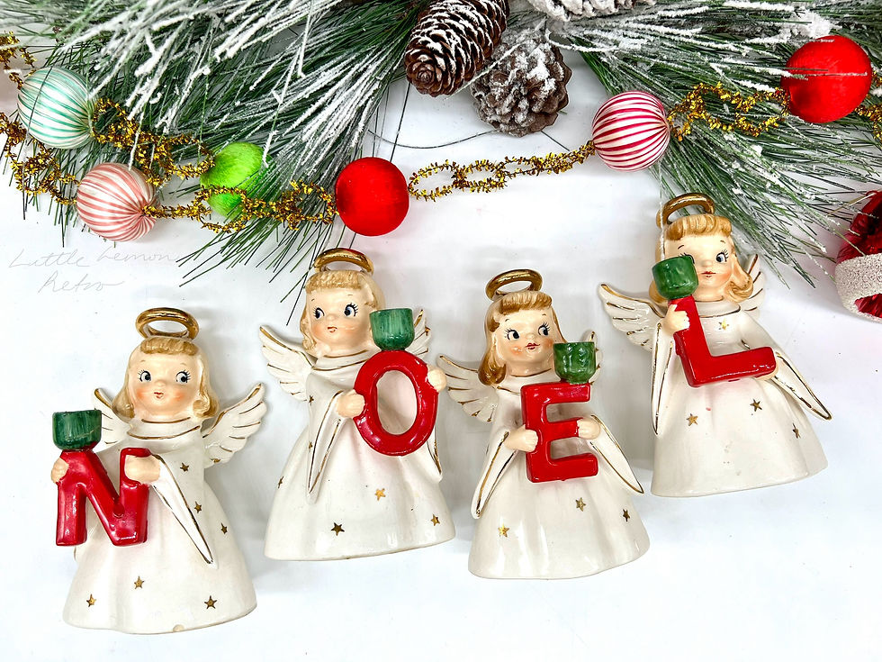 Thumbnail: Holt Howard NOEL angel candle holders white robes with gold stars original red c