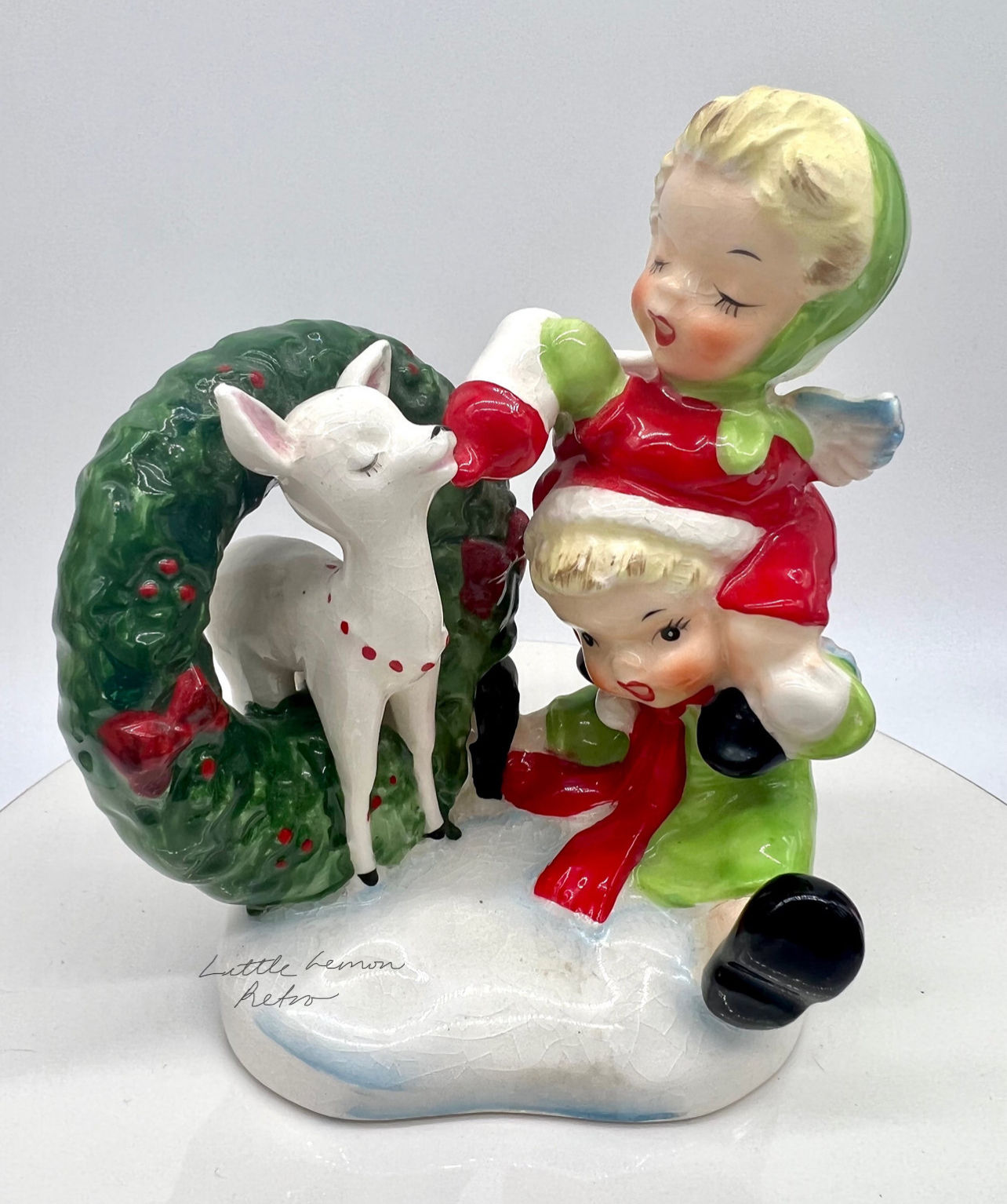 Rare Napco Figurine Pair of Baby Angels Bottle Feeding White Reindeer Fawn