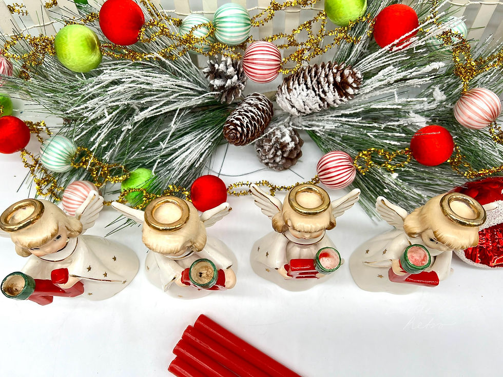 Thumbnail: Holt Howard NOEL angel candle holders white robes with gold stars original red c