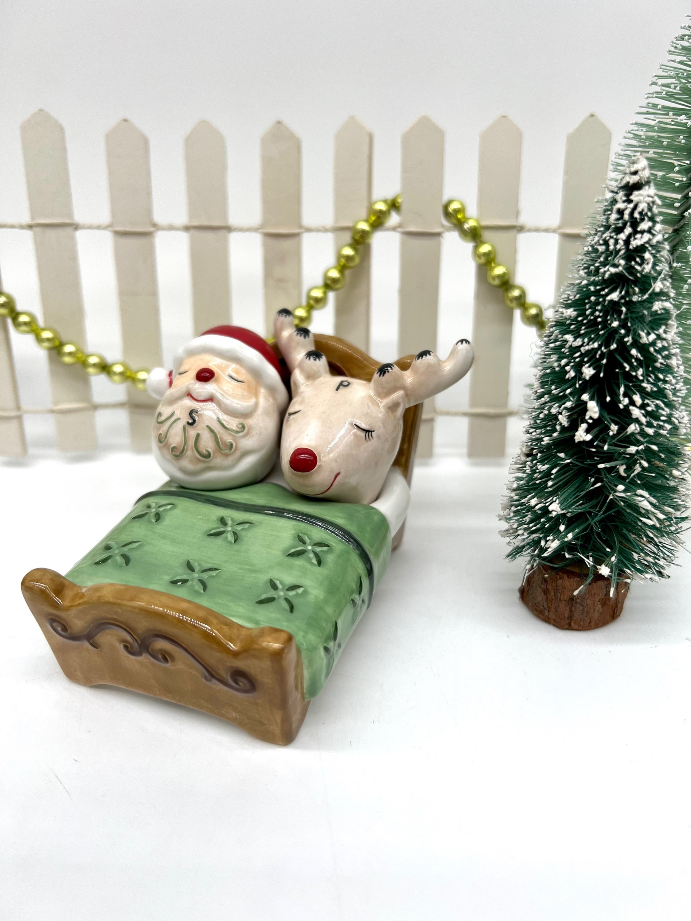 Santa & Reindeer tucked into bed, salt and pepper shaker set
