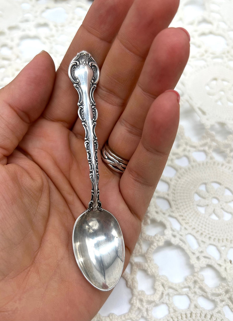 Thumbnail: Sterling silver Gorham demitasse spoon in excellent condition Strasbourg pattern