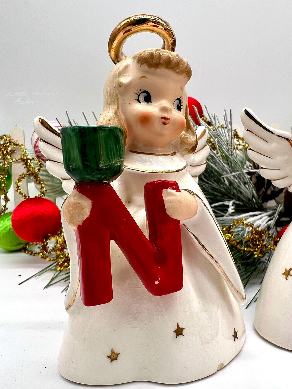 Thumbnail: Holt Howard NOEL angel candle holders white robes with gold stars original red c