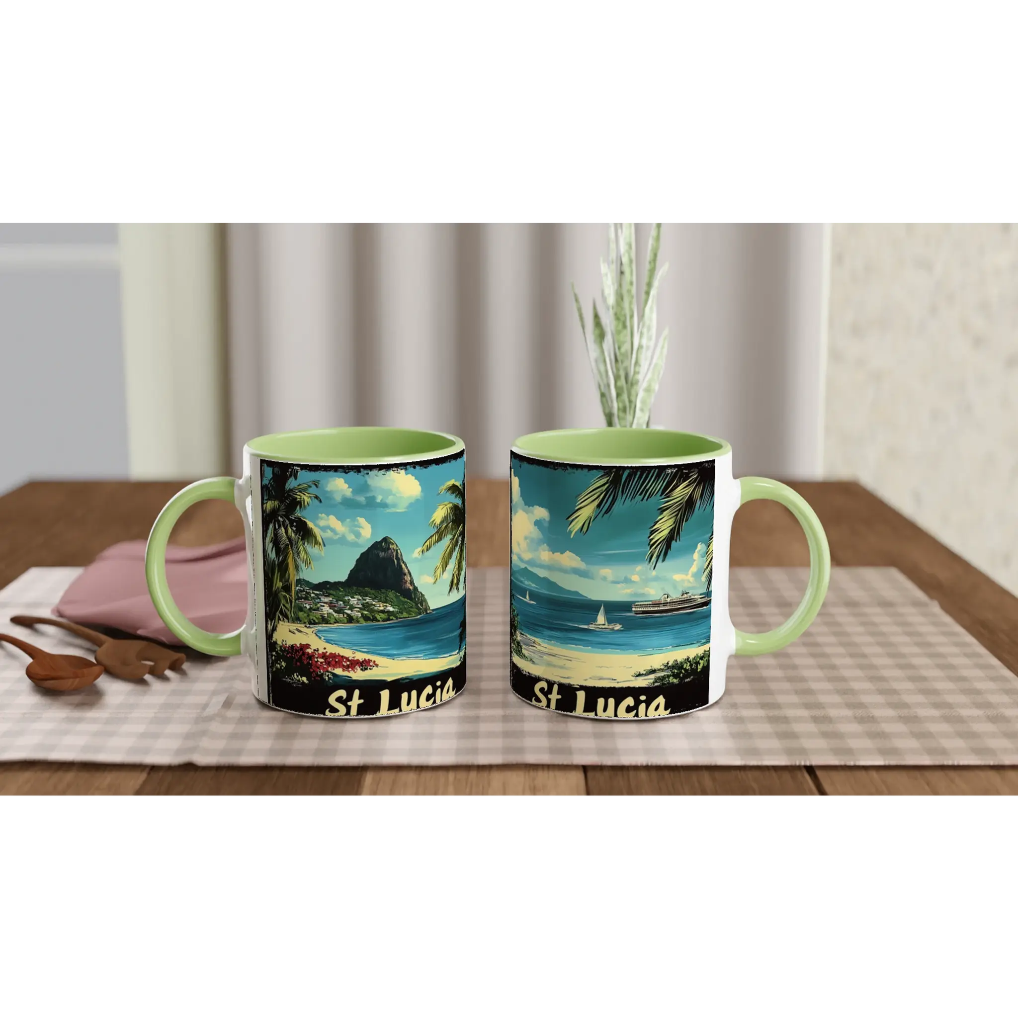 St Lucia Vintage Scenes Mug | Travel Poster Coffee Cup with Iconic Piton Design