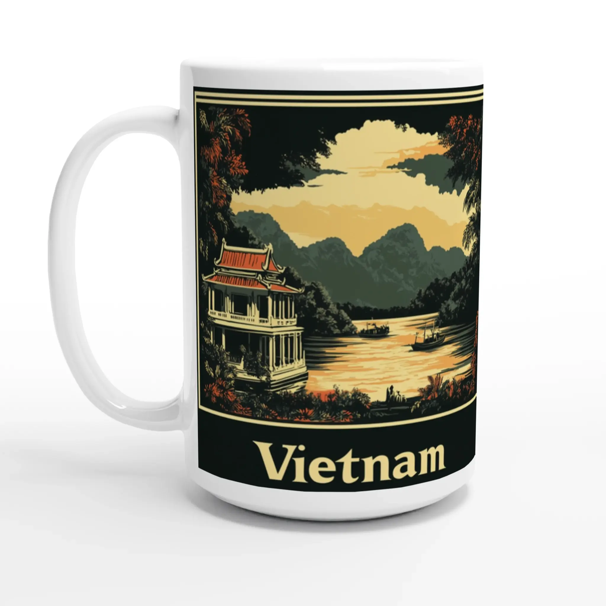 Vietnam Vintage Scenes Travel Poster Mug - White 11oz Ceramic Coffee Cup with