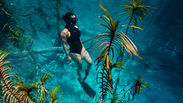 Woman snorkeling underwater in a blue cenote, surrounded by green aquatic plants and rocky walls, calm and serene