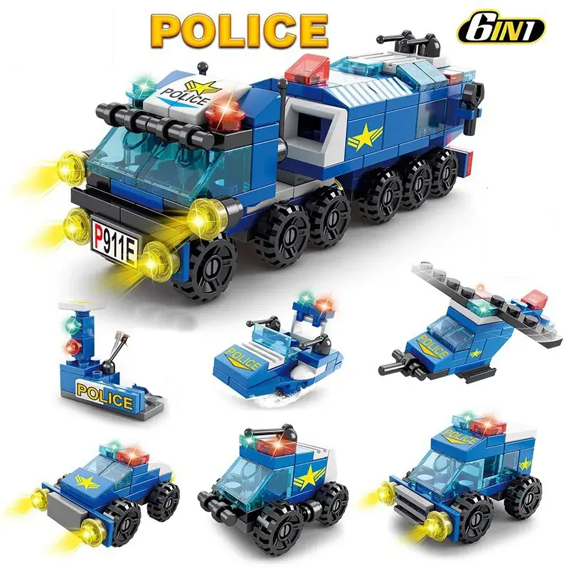 Mini size 6 In 1 Building Blocks DIY Police Car Fire Truck Castle