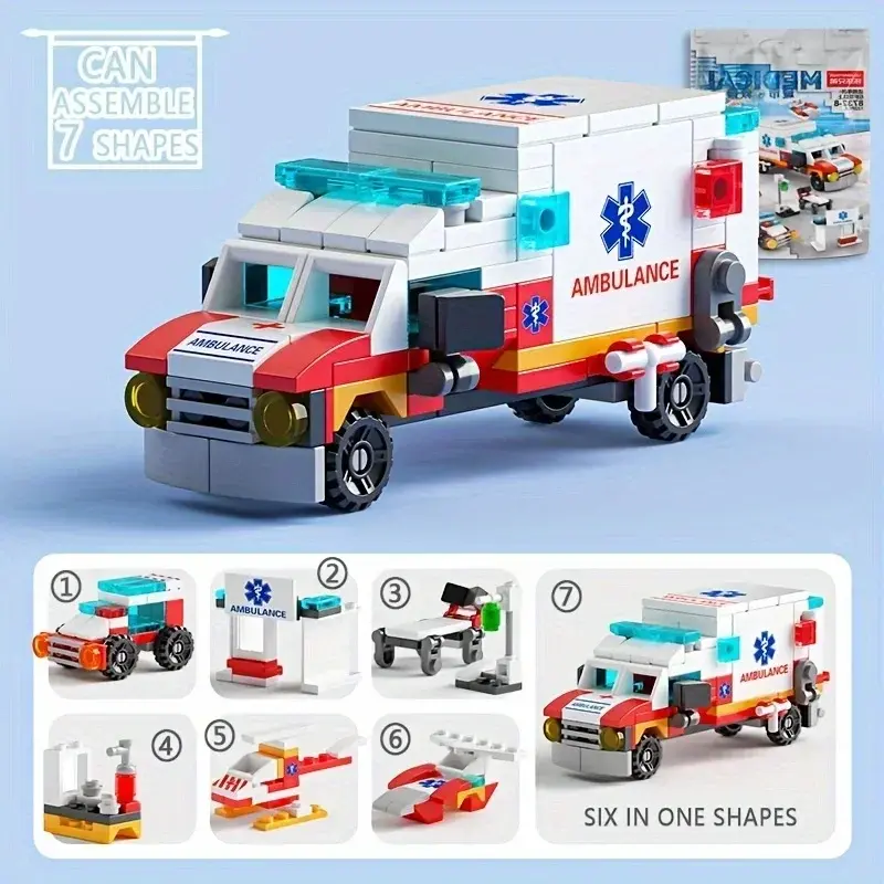 Mini size 6 In 1 Building Blocks DIY Police Car Fire Truck Castle