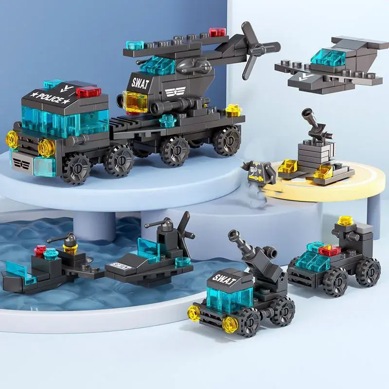 Mini size 6 In 1 Building Blocks DIY Police Car Fire Truck Castle