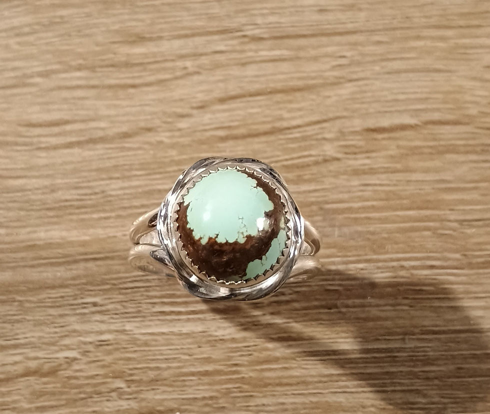 Round Number 8 turquoise ring size 9 with twisted sterling square wire bezel on light wood background.