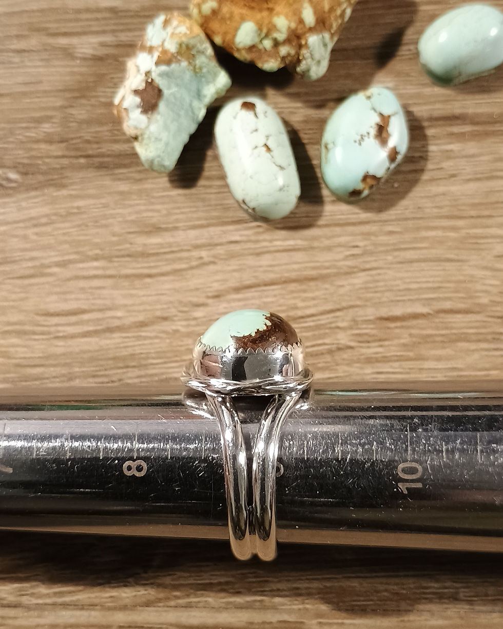 Round turquoise silver ring shown at a perfect size 9 on a metal jewelry sizing mandrel.