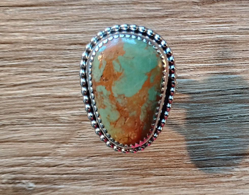 Royston turquoise ring, 23x16 mm cabochon in sterling silver beaded bezel, signed LAS, size 10"