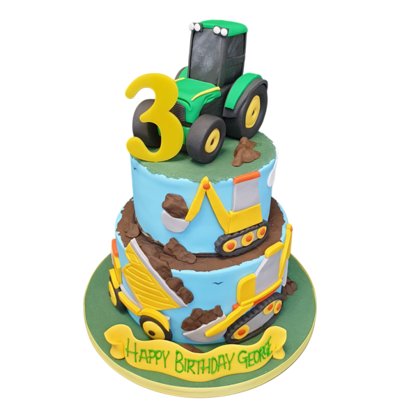 A fun and colourful cake featuring heavy lifters, diggers, and tractors, perfect for a construction or farming themed party. Ideal for children who love construction vehicles.