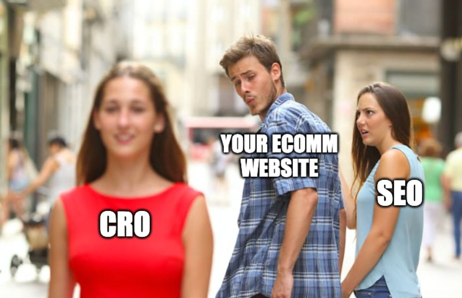 Image of a Ecomm website (represented by a male) impressed by a female passerby (representing CRO), meanwhile the female (representing SEO) that he is holding hands with is unimpressed with him
