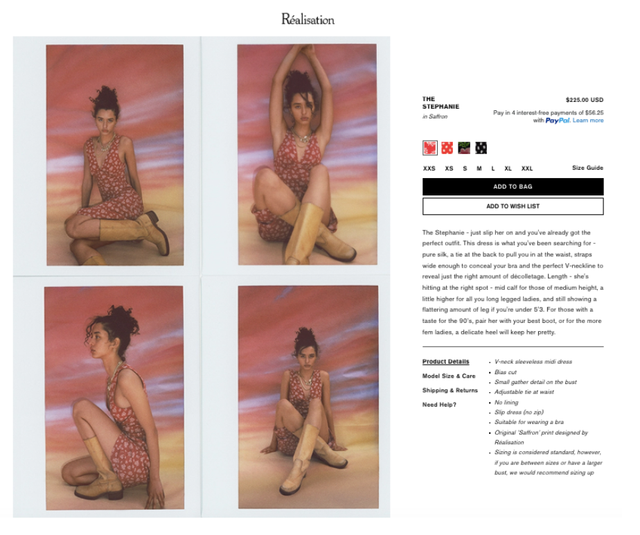 screenshot of Réalisation Par's website showing The Stephanie dress in multiple polaroid images and product details