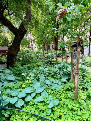 About a small park next to a shoppingstreet