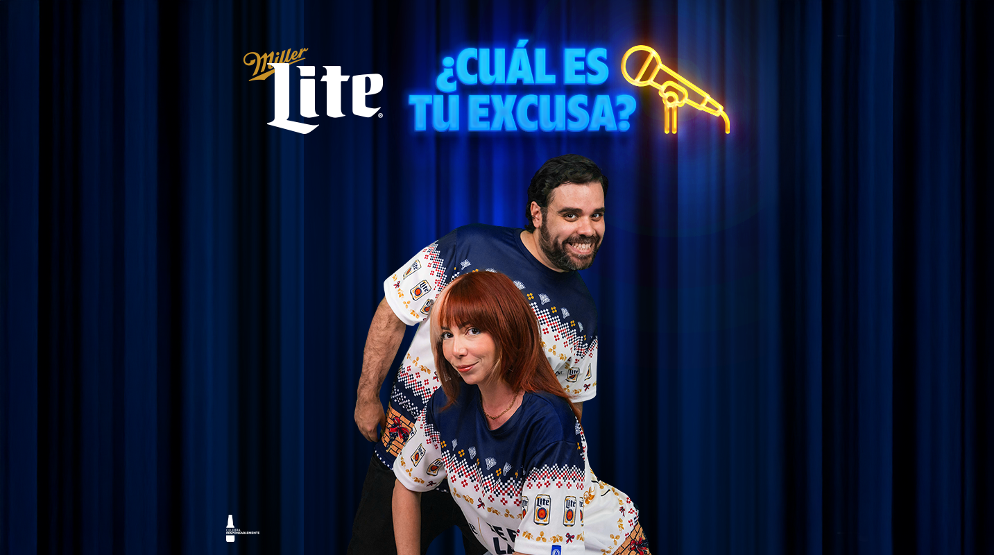 Miller Lite ¿Cuál es tu excusa? campaign key visual with two performers against a blue stage curtain