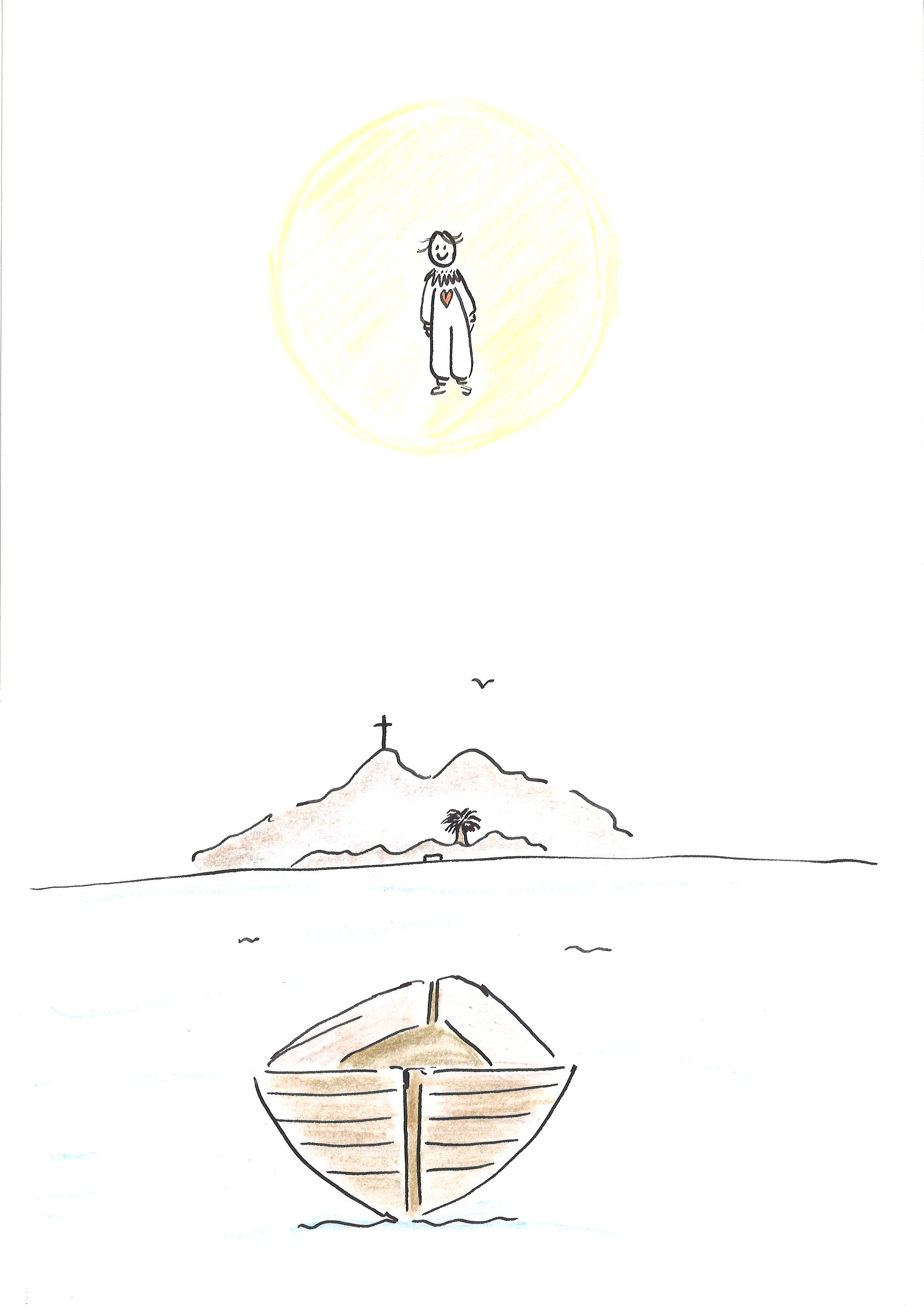 En tom eka glider över ett hav mot land i sikte. Sötnosen finns i ljuset ovanför landet. Illustration av Marie Ek Lipanovska