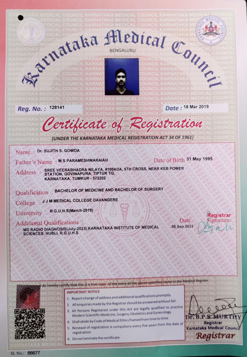 Dr. Sujith S Gowda MBBS MD Certification