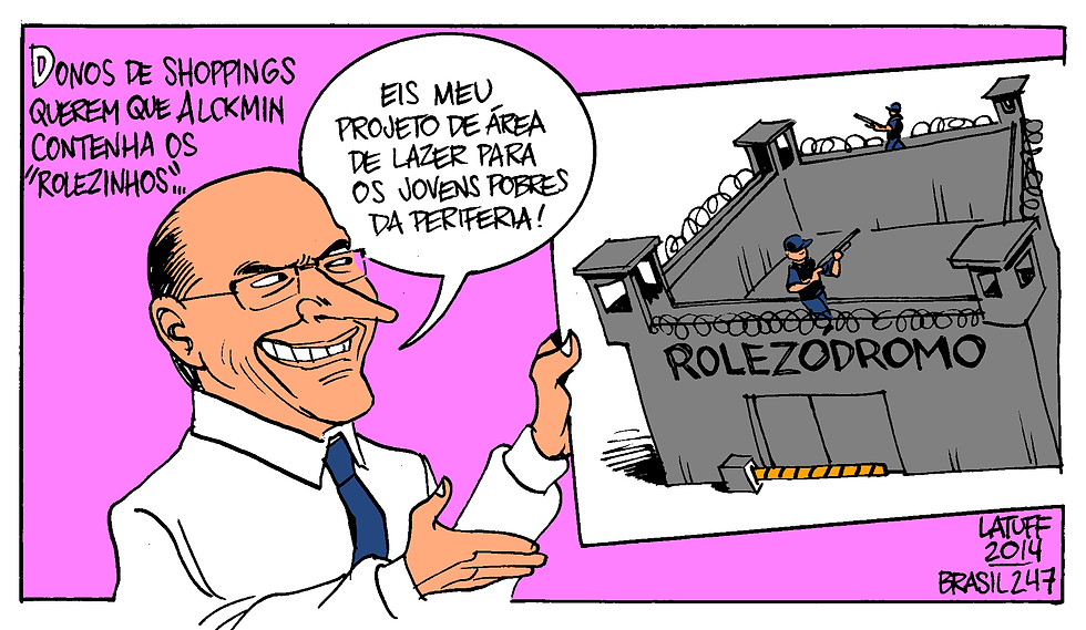 Charge do ano de 2014, do Latuff, recuperada recentemente, ilustra interesse de Alckmin em espécie de apartheid, situação qual não há complementaridade entre centro e periferia, mas subordinação da periferia ao centro.