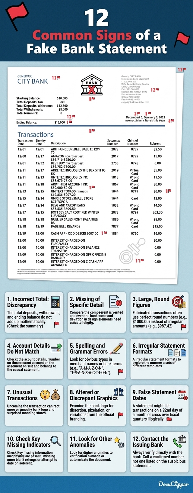Visual red flags commonly found in tampered bank statements. Source: DocuClipper