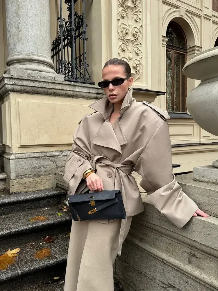 Thumbnail: Solid Laepl Lace Up Trench Coat Women Fashion Full Sleeve Waist Cinching Short W