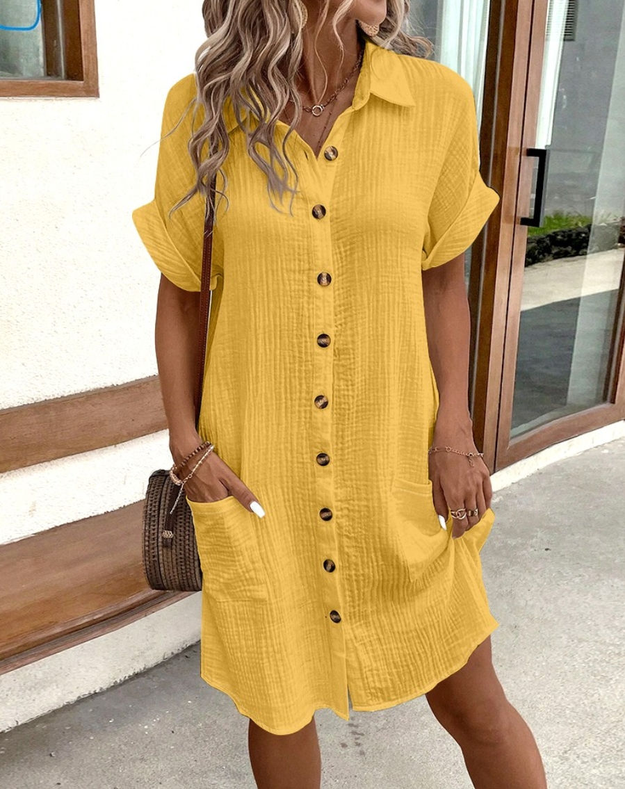 Thumbnail: Vintage Women Solid Mini Dress Summer Fashion V-neck Three Quater Sleeve Cotton 