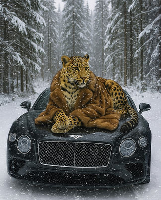 Feminine couture wall art of winter scene with a tigress wearing a mink fur coat laying on a Rolls Royce luxury car in snowy woods.