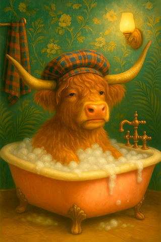 Scottish Higland cow taking a bubble bath in a pink bathtub, wearing a Scottish plaid tam.