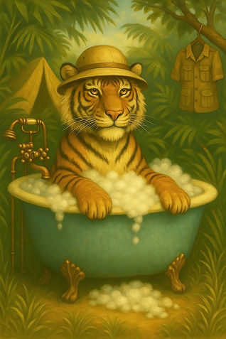 African Tiger taking a bubble bath in an aqua bathtub in the jungle, wearing a a safari hat.