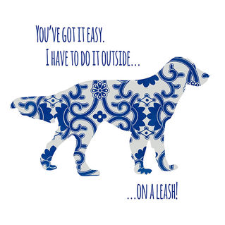 Retriever dog shaped from blue and white tile, humorous bathroom wall art.