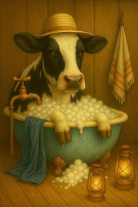 Vintage North American cow taking a bubble bath in a farmhouse in an aqua tub. The cow is wearing a straw hat.