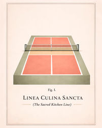 A vintage style illustration of a pickleball court and the kitchen line.