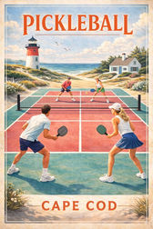 Four people playing pickleball outside on a court overlooking the ocean and a lighthouse and Cape Cod home.