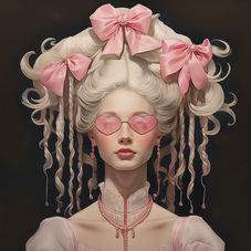 Contemporary wall art of a blonde Rococo woman with pink sunglasses and a large hairdo with pink bows.