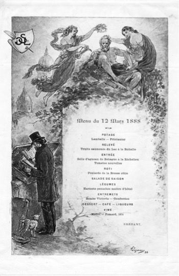 Menu des dîners de la SGDL en 1888, sous le patronage de Victor Hugo récemment décédé