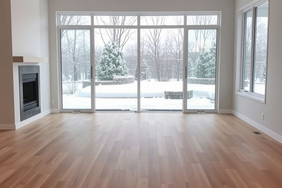 Empty room with LVP flooring, large windows open to a snowy scene with trees and a patio. A fireplace is on the left wall. Peaceful mood.
