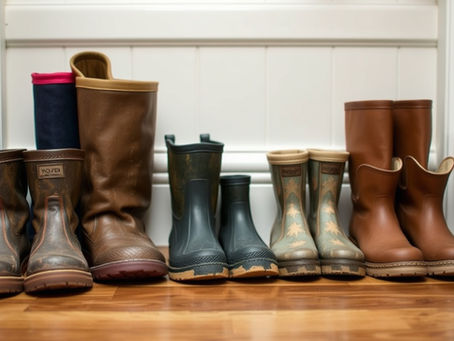 Muddy boots lined up on LVP flooring in a mudroom.