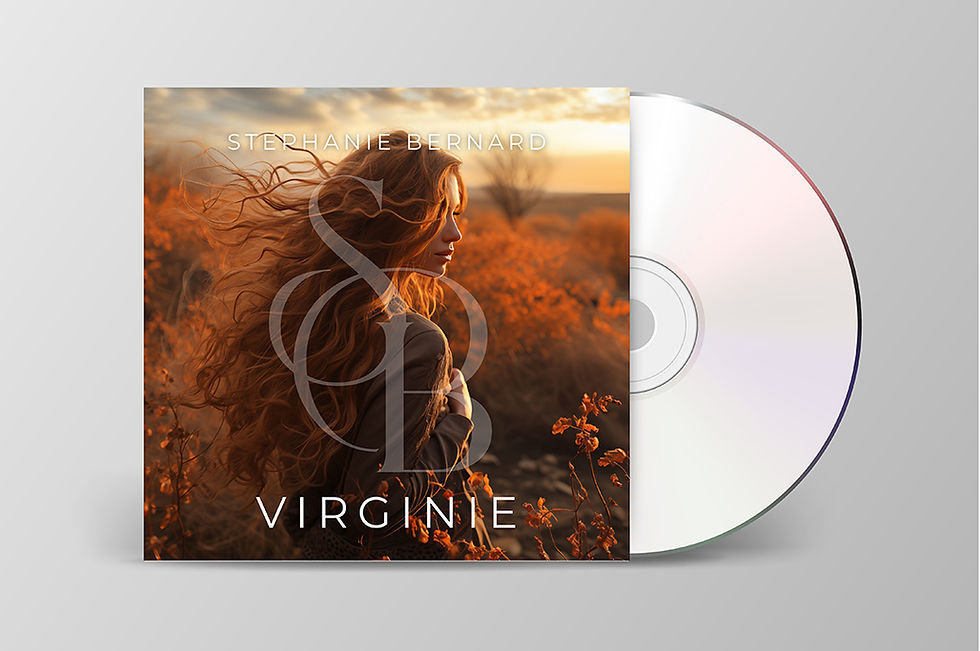 Pochette d’album du single Virginie de Stephanie Bernard, compositrice et harpiste. Illustration poétique au coucher du soleil, cheveux au vent dans un champ doré. Un univers musical introspectif et cinématographique entre harpe, piano, violoncelle et accents celtiques.