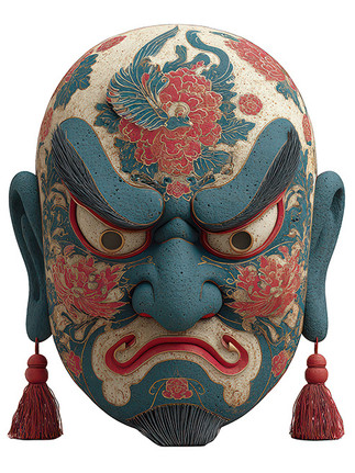 Masque traditionnel asiatique coloré aux motifs floraux et aux traits exagérés, avec sourcils épais, regard intense et expression dramatique.