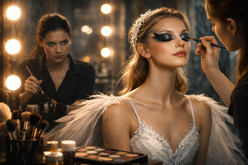 Maquilleuse professionnelle appliquant un maquillage artistique sur un modèle devant un miroir de loge