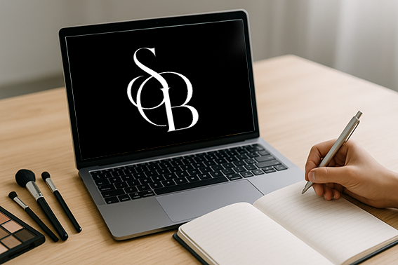 Formation maquillage en ligne à la SB Académie avec ordinateur, pinceaux de maquillage et carnet de travail.