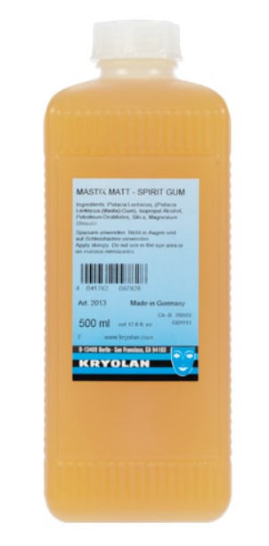 Colle Kryolan (Mastix Matt) : Une bouteille professionnelle de colle Kryolan Mastix Matt, appréciée des maquilleurs pour sa fixation puissante et son fini mat, idéale pour les tournages et le théâtre.