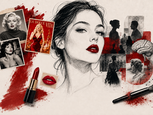 Illustration autour de la psychologie du rouge à lèvres rouge, mêlant portrait féminin, lèvres rouges, rouge à lèvres, cerveau et références culturelles. PAr Stéphanie Bernard.