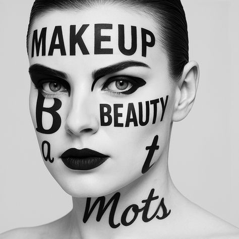 Portrait artistique de l'article Le maquillage a des choses à dire écrit par Stéphanie Bernard, maquilleuse professionnelle et créatrice SB Make-Up, avec un maquillage créatif et des mots inscrits sur le visage : makeup : mots et beauty