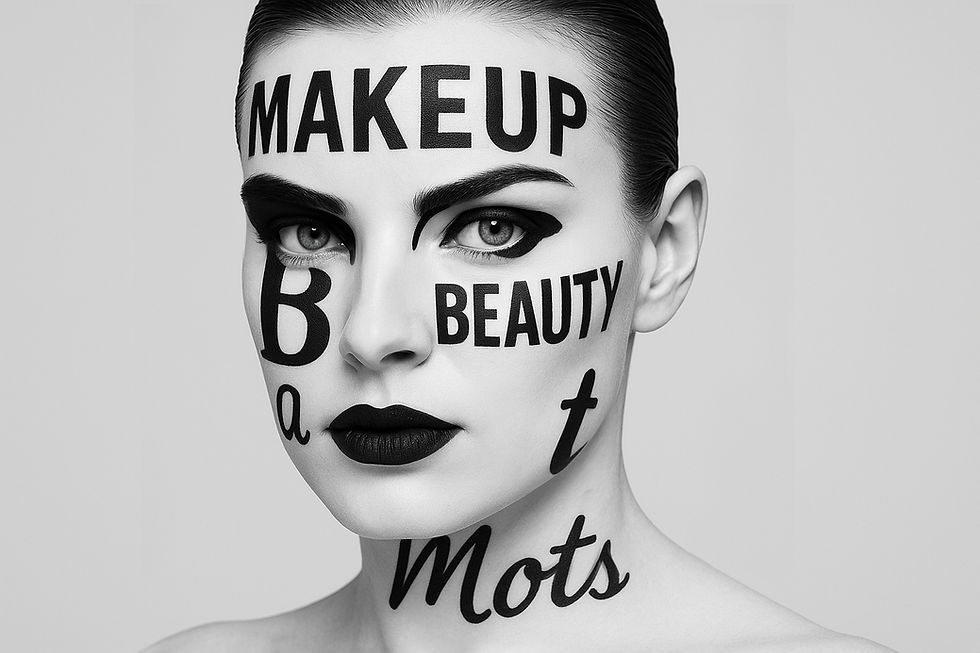 Portrait artistique de l'article Le maquillage a des choses à dire écrit par Stéphanie Bernard, maquilleuse professionnelle et créatrice SB Make-Up, avec un maquillage créatif et des mots inscrits sur le visage : makeup : mots et beauty