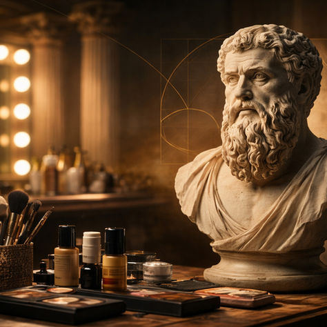 Buste de Platon posé sur une table de maquillage avec pinceaux et produits cosmétiques, illustration du lien entre philosophie de la beauté et maquillage professionnel.